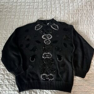 Vintage Bonnie Bill Black Beaded Sweater Sz L Sequins Beads Whimsygoth Glam